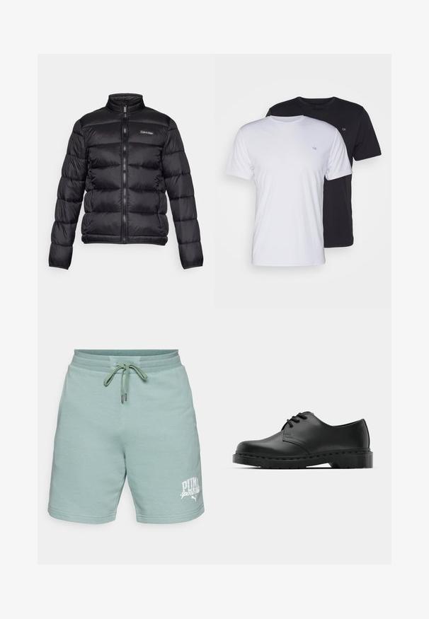 Fekete puffermellény magas gallérral, cipzáros elülső résszel és varrott rekeszekkel. A bal mellen egy kis Calvin Klein logó található.; Két pamut póló, fehér és fekete színben, rövid ujjú, kerek nyakkal, a mellrészen egy kis logóval, sima textúrával.; Világos zöld pamut rövidnadrág, elasztikus derékrésszel és zsinórral. Az alsó bal oldalon egy fehér "PUMA sportklub" logó található. Simább textúrájú.; Fekete bőr oxford cipő fűzős kialakítással, kerek orral, lapos gumitalppal és finom varrással a felső részen.