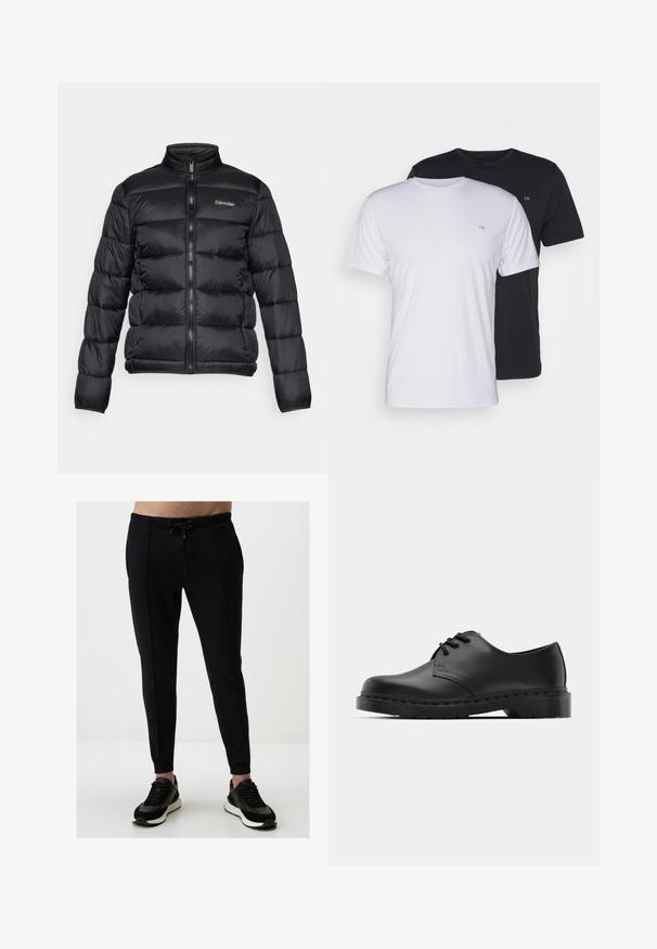 Black puffer jacket with a high collar, zipper front, and stitched compartments. Features a small Calvin Klein logo on the left chest.; Two cotton t-shirts in white and black, short-sleeved with round necks, featuring a small logo on the chest, smooth texture.; Black jogger pants with a drawstring waistband, side pockets, tapered design, and ribbed cuffs, paired with black sneakers.; Black leather oxford shoe with lace-up design, rounded toe, flat rubber sole, and subtle stitching detail along the upper.