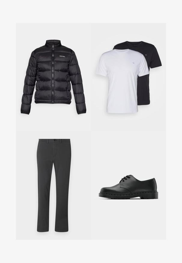 Čierna prešívaná bunda s vysokým golierom, predným zipsom a prešitými priehradkami. Obsahuje malé logo Calvin Klein na ľavej hrudi.; Dvé bavlnené tričká v bielej a čiernej farbe, krátke rukávy s okrúhlym výstrihom, s malým logom na hrudi, hladká textúra.; Čierne nohavice vyrobené z hladkej látky, s rovnými nohavicami, zipsom na prednej strane, gombíkovým zapínaním a pútkami na opasok. Základný a funkčný štýl.; Čierne kožené oxfordky s viazaním, zaoblenou špičkou, plochou gumovou podrážkou a jemným prešívaním pozdĺž hornej časti.