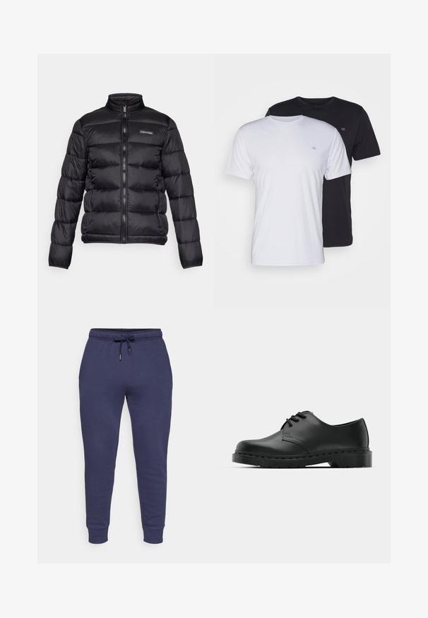 Juodas pūkinis švarkas su aukštu apykakle, užtrauktuku priekyje ir siuvinėtomis kišenėmis. Ant kairiojo krūtinės puikuojasi mažas Calvin Klein logotipas.; Du pfaldi medvilniniai marškiniai trumpomis rankovėmis, balti ir juodi, su apvaliais kaklais, turintys mažą logotipą ant krūtinės, glotnus paviršius.; Tamsiai mėlynos trikotažo kelnių su raišteliu juosmens, siaurėjančiomis kojomis ir raibais rankogaliais. Minkšta medžiaga su minimaliais siuvimo detalėmis.; Juodos odinės oksfordo bateliai su raištelių užsegimu, apvaliu pirštu, plokščiu guminiu padu ir subtiliu siuvimo akcentu viršuje.