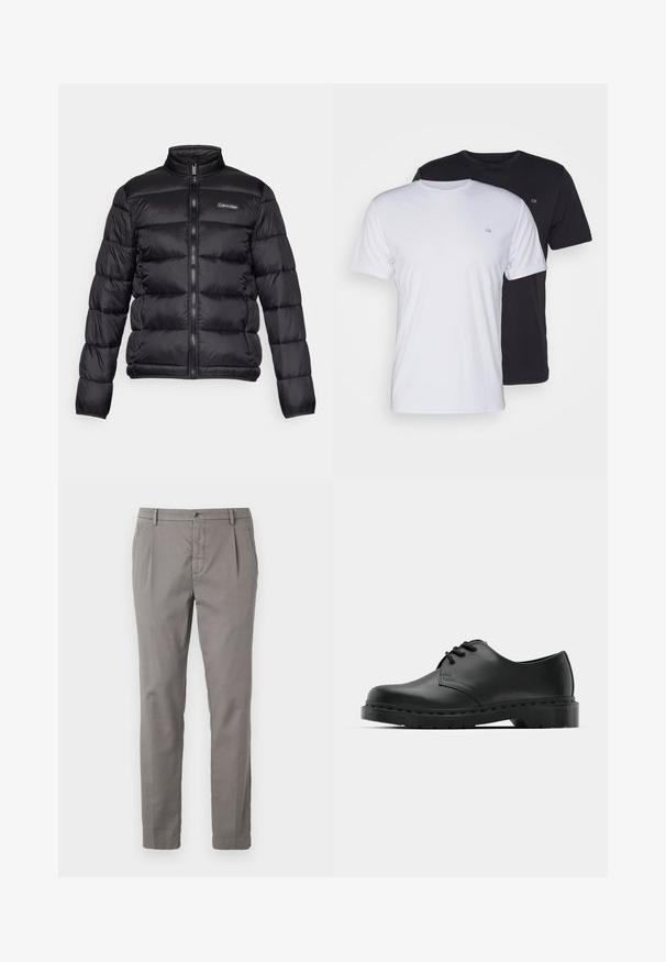 Must mustrakk jope kõrge kraega, tõmblukuga esiküljel ning õmmeldud taskutega. Vasakul rinnal on väike Calvin Kleini logo.; Kaks puuvillast T-särki, valge ja must, lühikeste varrukatega ning ümara kaelusega, rinnal on väike logo, sile tekstuur.; Hallid puuvillased püksid sirge lõikega, mis on varustatud nupuväärisega, voldikute ja küljetaskutega. Sujuv tekstuur minimaalsete detailidega.; Mustad musta nahast oksfordi king, millel on paeltega disain, ümar nina, lame kummist tallal ja diskreetne õmblemise detail ülemise osa ääres.