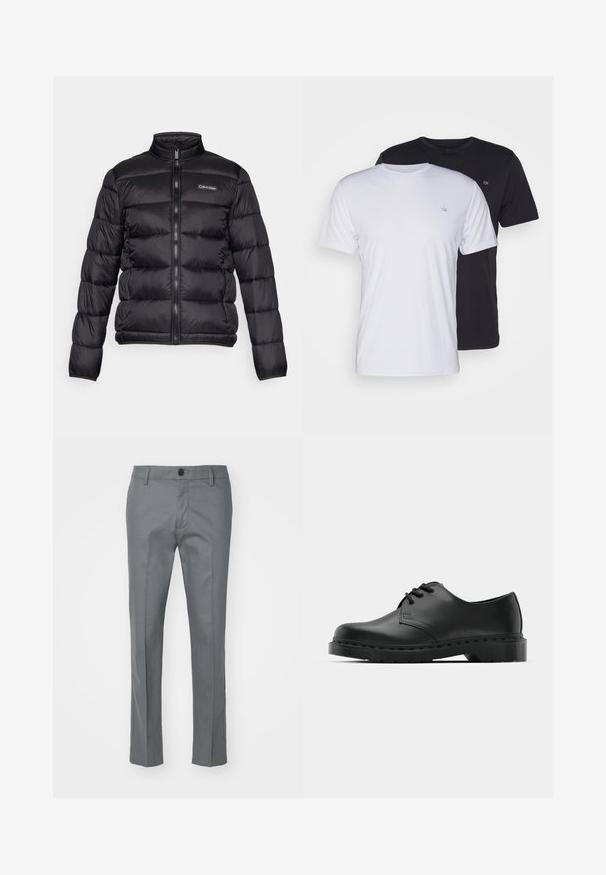 Casaco puffer preto com gola alta, fecho à frente e compartimentos costurados. Apresenta um pequeno logotipo da Calvin Klein no lado esquerdo do peito.; Duas t-shirts de algodão em branco e preto, de mangas curtas e com decote redondo, apresentando um pequeno logo no peito, com textura suave.; Calças cinzas feitas de um tecido suave, com um design de perna reta, um único botão frontal e discretas bolsas laterais para funcionalidade.; Sandalho oxford de couro preto com design de atacador, bico arredondado, sola de borracha plana e detalhe de costura discreto no cabedal.
