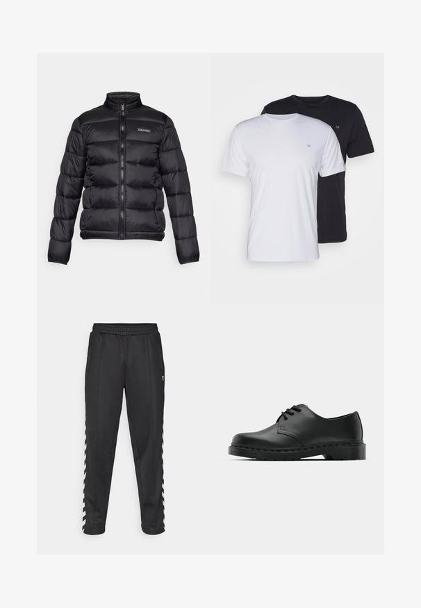 Black puffer jacket with a high collar, zipper front, and stitched compartments. Features a small Calvin Klein logo on the left chest.; Two cotton t-shirts in white and black, short-sleeved with round necks, featuring a small logo on the chest, smooth texture.; Black athletic pants with an elastic waistband, featuring side zipper pockets and white zigzag accents along the sides. Smooth texture.; Black leather oxford shoe with lace-up design, rounded toe, flat rubber sole, and subtle stitching detail along the upper.