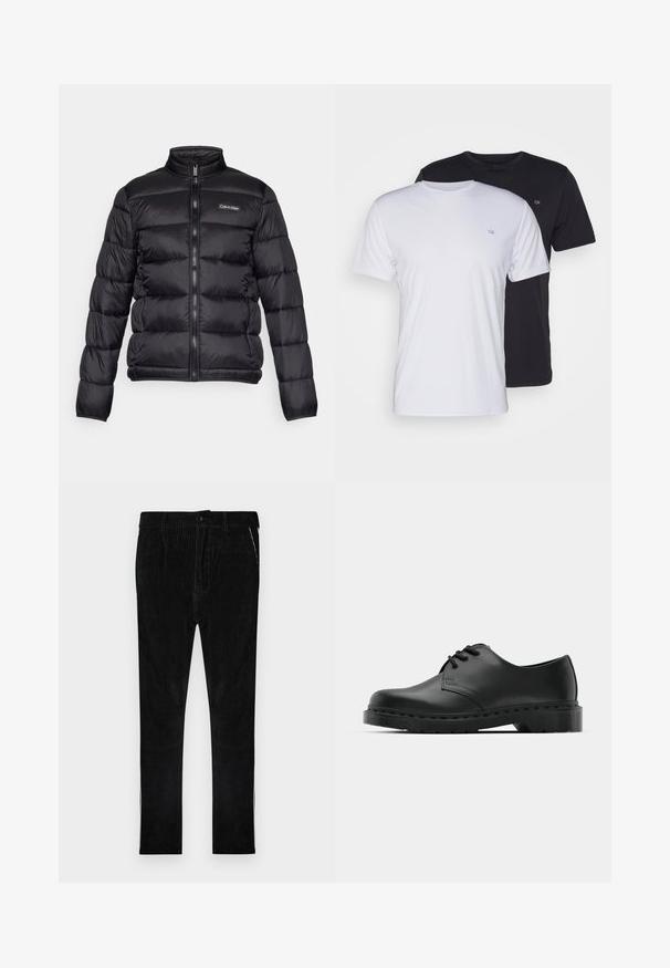 Must mustrakk jope kõrge kraega, tõmblukuga esiküljel ning õmmeldud taskutega. Vasakul rinnal on väike Calvin Kleini logo.; Kaks puuvillast T-särki, valge ja must, lühikeste varrukatega ning ümara kaelusega, rinnal on väike logo, sile tekstuur.; Mustad kordurospüksid vertikaalsete soontega, millel on klassikaline nööbi ja tõmbluku kinnitusega, küljetaskud ning sirge lõikega sääred.; Mustad musta nahast oksfordi king, millel on paeltega disain, ümar nina, lame kummist tallal ja diskreetne õmblemise detail ülemise osa ääres.