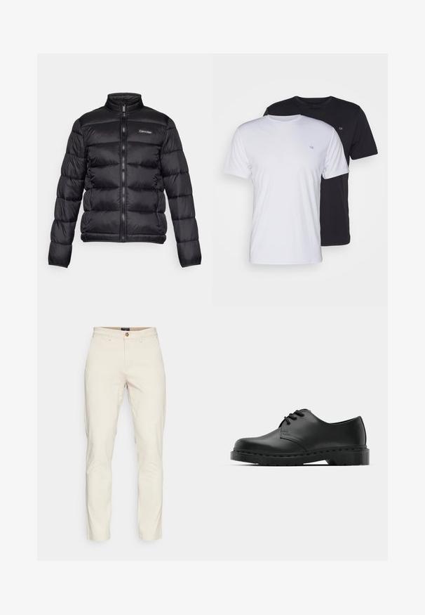 Black puffer jacket with a high collar, zipper front, and stitched compartments. Features a small Calvin Klein logo on the left chest.; Two cotton t-shirts in white and black, short-sleeved with round necks, featuring a small logo on the chest, smooth texture.; DOCKERS SMART FLEX MOTION SLIM - Chinos - sahara khaki; Black leather oxford shoe with lace-up design, rounded toe, flat rubber sole, and subtle stitching detail along the upper.