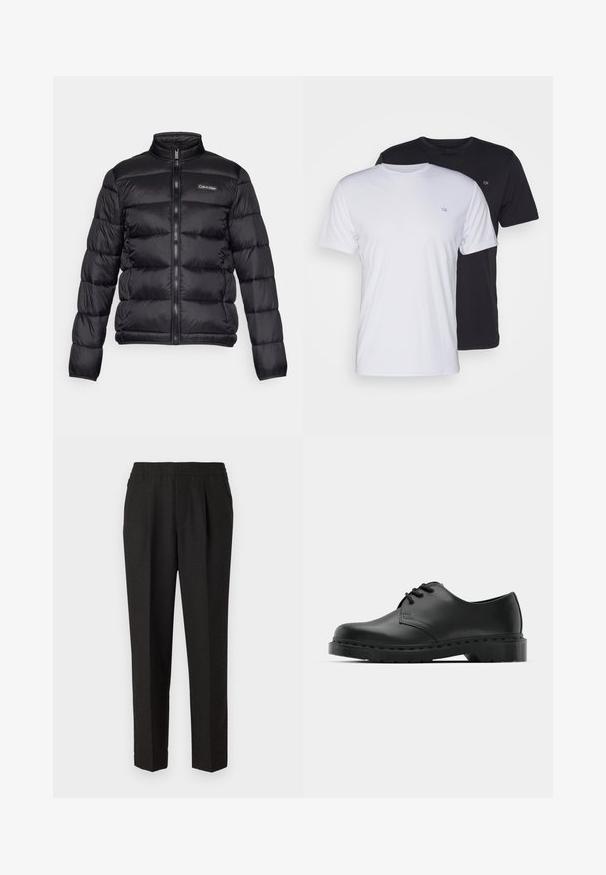 Črna puffer jakna z visokim ovratnikom, zadrgo spredaj in šivanimi predeli. Ima majhen logo Calvin Klein na levem prsnem delu.; Dve bombažne majice v beli in črni barvi, kratke rokave z okroglimi ovratniki, ki imata na prsih majhen logotip, gladka tekstura.; Črne hlače sproščenega kroja z elastičnim pasom in naborki. Narejene so iz gladkega materiala, z ravnimi nogavicami in brez vidnih žepov.; Črne usnjene oksford čevlje z vezalkami, zaobljenim prstom, ravnim gumijastim podplatom in diskretnim šivanjem po zgornjem delu.