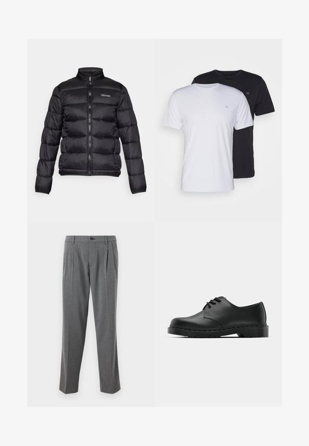 Svart pufferjakke med høy krage, glidelås foran og sydde lommer. Har en liten Calvin Klein-logo på venstre bryst.; To bomulls t-skjorter i hvitt og svart, kortermet med rund hals, med en liten logo på brystet, glatt tekstur.; Grå stribede bukser med lige ben-design, featuring en knaplukning og to frontfolder, lavet af et skræddersyet stof.; Svarte lær oxford-sko med snøring, rund tå, flat gummisåle og diskret sømdetalj langs overflaten.