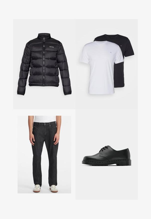 Crni puffa kaput s visokim ovratnikom, prednjim zatvaračem i šivanim odjeljcima. Ima mali Calvin Klein logo na lijevoj strani grudi.; Dva pamučna majice, bijela i crna, kratkih rukava s okruglim izrezom, s malim logotipom na prsima, glatke teksture.; Crne traperice s ravnim krojem, s prednjim zatvaranjem na dugme, pet džepova i suptilnim detaljima šivanja. Uparene s tenisicama.; Crne kožne oxford cipele s vezivanjem, zaobljenim vrhom, ravnim gumenim potplatom i suptilnim detaljima šivanja duž gornjeg dela.