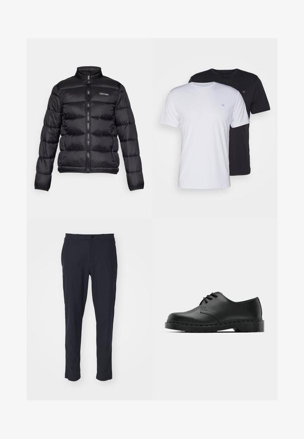 Czarna kurtka puchowa z wysokim kołnierzem, zamek z przodu oraz przeszytymi kieszeniami. Posiada małe logo Calvin Klein na lewej piersi.; Dwie bawełniane koszulki w kolorze białym i czarnym, z krótkim rękawem i okrągłym dekoltem, z małym logo na piersi, o gładkiej fakturze.; Granatowe spodnie szyte na miarę, wykonane z gładkiego materiału; posiadają zapięcie na guzik, szlufki na pasek oraz kieszenie boczne; slim fit.; Czarne skórzane półbuty oxford z zapięciem na sznurowadła, zaokrąglonym noskiem, płaską gumową podeszwą oraz subtelnym przeszyciem na cholewce.