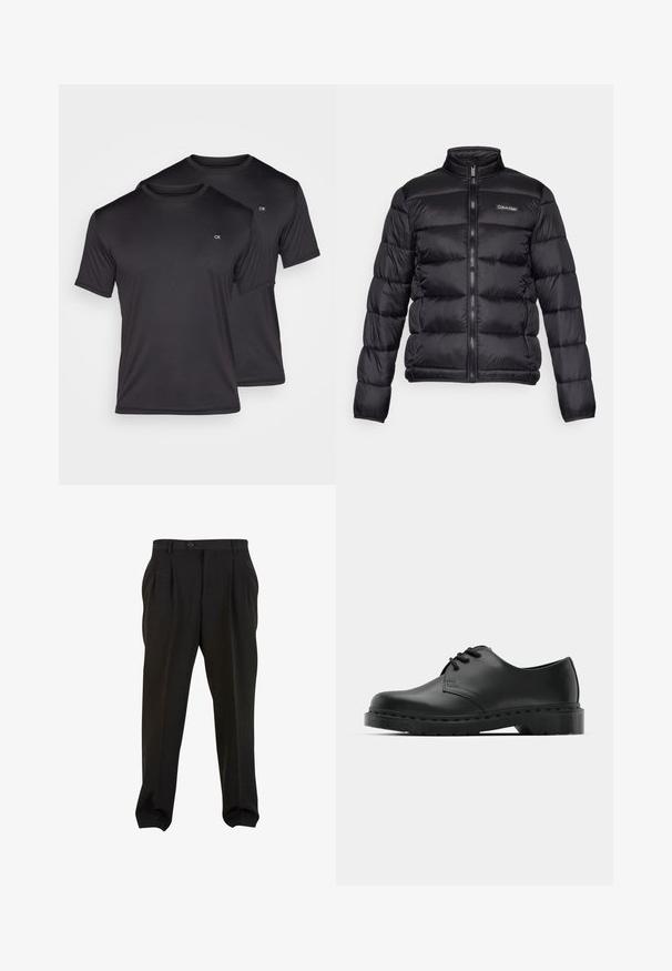 Must mustrakk jope kõrge kraega, tõmblukuga esiküljel ning õmmeldud taskutega. Vasakul rinnal on väike Calvin Kleini logo.; Kaks musta lühikese varrukaga T-särki, mis on valmistatud siledast ja kergest kangast, ümarate kaeluseava ja väikese valge logoga rinna piirkonnas.; Mustad püksid siledast kangast, esikreppidega, nööbivöökoht ja kitsenevad pahkluud. Klassikaline peenelt lõigatud siluett.; Mustad musta nahast oksfordi king, millel on paeltega disain, ümar nina, lame kummist tallal ja diskreetne õmblemise detail ülemise osa ääres.