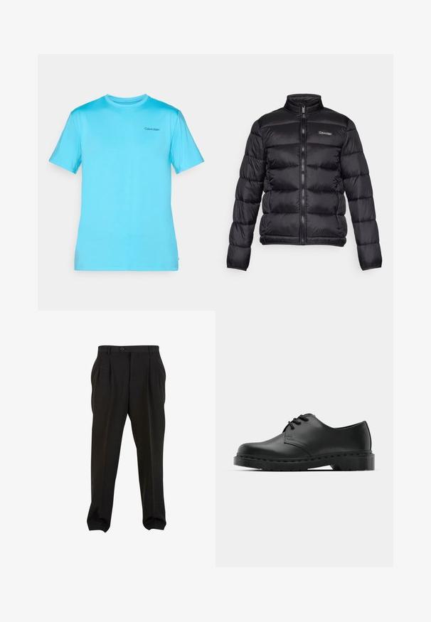 Černá péřová bunda s vysokým límcem, zipem vpředu a prošitými kapsami. Obsahuje malé logo Calvin Klein na levé části hrudi.; Světle modré tričko s krátkým rukávem vyrobené z hladké látky. Má kulatý výstřih a malé černé logo na hrudi.; Černé kalhoty z hladké tkaniny, se zapínáním na tlačítko v pase, předními sklady a zúženými manžetami u kotníků. Klasický elegantní střih.; Černé kožené oxfordy s šněrováním, zakulacenou špičkou, plochou gumovou podrážkou a jemným prošíváním podél svršku.