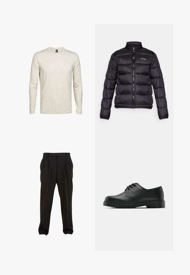 Schwarze Daunenjacke mit hohem Kragen, Reißverschluss auf der Vorderseite und gesteppten Fächern. Auf der linken Brust befindet sich ein kleines Calvin Klein-Logo.; Langarm-T-Shirt in hellbeige, aus weicher Baumwolle. Verfügt über einen Rundhalsausschnitt und ein minimalistisches Design ohne Muster oder Akzente.; Schwarze Hose aus glattem Stoff mit Frontfalten, einem Knopfbund und schmal zulaufenden Knöchelbündchen. Klassische, taillierte Silhouette.; Schwarze Leder-Oxford-Schuhe mit Schnürdesign, runder Zehenform, flacher Gummisohle und subtilen Nähten entlang des oberen Teils.
