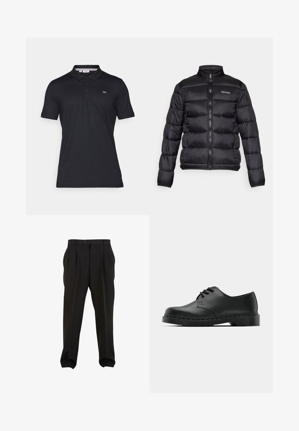 Čierna prešívaná bunda s vysokým golierom, predným zipsom a prešitými priehradkami. Obsahuje malé logo Calvin Klein na ľavej hrudi.; Čierna bavlnená polo košeľa s dvojitým gombíkom a krátkym rukávom. Obsahuje vyšívané logo "CK" na ľavej strane hrude.; Čierne nohavice s hladkým materiálom, s prednými skladmi, pásom na gombík a cappami s užším strihom okolo členkov. Klasický strih s presne tvarovaným vzhľadom.; Čierne kožené oxfordky s viazaním, zaoblenou špičkou, plochou gumovou podrážkou a jemným prešívaním pozdĺž hornej časti.