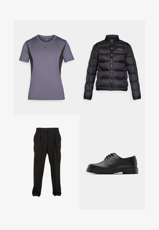 Must mustrakk jope kõrge kraega, tõmblukuga esiküljel ning õmmeldud taskutega. Vasakul rinnal on väike Calvin Kleini logo.; Puma CLOUDSPUN - Spordi T-särk - galactic gray/black; Mustad püksid siledast kangast, esikreppidega, nööbivöökoht ja kitsenevad pahkluud. Klassikaline peenelt lõigatud siluett.; Mustad musta nahast oksfordi king, millel on paeltega disain, ümar nina, lame kummist tallal ja diskreetne õmblemise detail ülemise osa ääres.