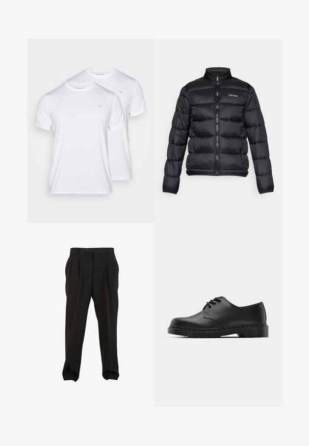 Svart pufferjakke med høy krage, glidelås foran og sydde lommer. Har en liten Calvin Klein-logo på venstre bryst.; Hvite T-skjorter med kort erm og rund hals laget av lett stoff, med en subtil CK-logo på brystet. Twin pack-design.; Sorte bukser med et glat stof, der har frontplisseringer, en knap i taljen og tapered ankler. Klassisk skræddersyet silhuet.; Svarte lær oxford-sko med snøring, rund tå, flat gummisåle og diskret sømdetalj langs overflaten.