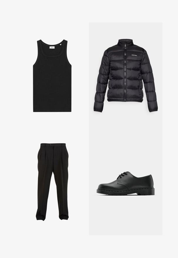 Črna puffer jakna z visokim ovratnikom, zadrgo spredaj in šivanimi predeli. Ima majhen logo Calvin Klein na levem prsnem delu.; Črna brezrokavnik, izdelan iz mehkega materiala. Ima okrogel ovratnik in čiste robove, z preprostim dizajnom brez vidnih logotipov.; Črne hlače iz gladkega materiala, s sprednjimi gubami, gumba na pasu in ozkimi manšetami na gležnjih. Klasična krojena silhueta.; Črne usnjene oksford čevlje z vezalkami, zaobljenim prstom, ravnim gumijastim podplatom in diskretnim šivanjem po zgornjem delu.