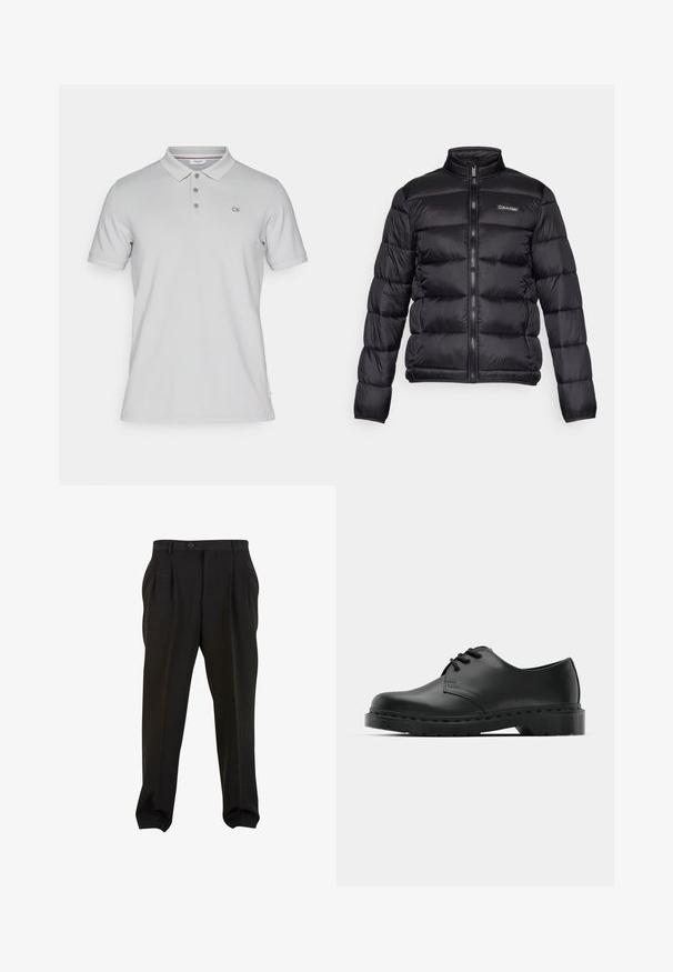 Svart pufferjakke med høy krage, glidelås foran og sydde lommer. Har en liten Calvin Klein-logo på venstre bryst.; Lys grå polo skjorte laget av myk bomull, med en tre-knappers knappestolpe, korte ermer og en liten CK-logo på venstre bryst.; Sorte bukser med et glat stof, der har frontplisseringer, en knap i taljen og tapered ankler. Klassisk skræddersyet silhuet.; Svarte lær oxford-sko med snøring, rund tå, flat gummisåle og diskret sømdetalj langs overflaten.