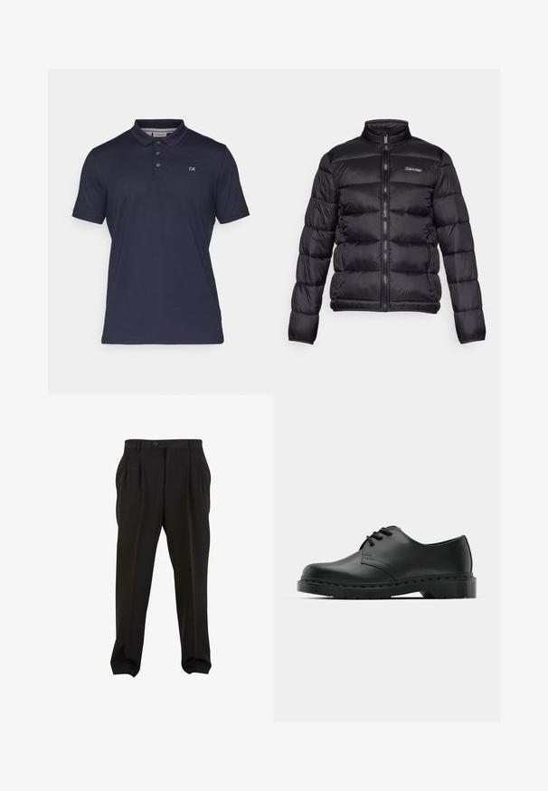 Čierna prešívaná bunda s vysokým golierom, predným zipsom a prešitými priehradkami. Obsahuje malé logo Calvin Klein na ľavej hrudi.; Námornícky modrá polo košeľa vyrobená z hladkej bavlny, so klasickým golierom, trojbuttonovým zapínaním a malým výšivkovým logom CK.; Čierne nohavice s hladkým materiálom, s prednými skladmi, pásom na gombík a cappami s užším strihom okolo členkov. Klasický strih s presne tvarovaným vzhľadom.; Čierne kožené oxfordky s viazaním, zaoblenou špičkou, plochou gumovou podrážkou a jemným prešívaním pozdĺž hornej časti.