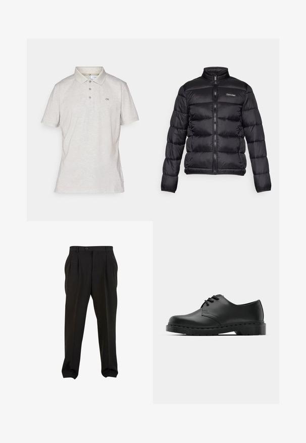 Černá péřová bunda s vysokým límcem, zipem vpředu a prošitými kapsami. Obsahuje malé logo Calvin Klein na levé části hrudi.; Svetle šedá polo košile, cotton směs, krátké rukávy, límeček, tři knoflíky na zapínání, vyšité logo CK na hrudi, hladká textura.; Černé kalhoty z hladké tkaniny, se zapínáním na tlačítko v pase, předními sklady a zúženými manžetami u kotníků. Klasický elegantní střih.; Černé kožené oxfordy s šněrováním, zakulacenou špičkou, plochou gumovou podrážkou a jemným prošíváním podél svršku.