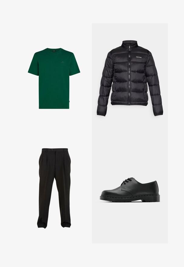 Chaqueta de plumón negra con cuello alto, cierre delantero y compartimentos cosidos. Presenta un pequeño logo de Calvin Klein en el lado izquierdo del pecho.; Camiseta de algodón verde con mangas cortas. Presenta un cuello redondo y un pequeño logotipo en el pecho. Textura suave, diseño casual.; Pantalones negros de tejido suave, con pliegues frontales, cinturilla con botón y puños en los tobillos ajustados. Silueta clásica y ajustada.; Zapato oxford de cuero negro con diseño de cordones, punta redonda, suela de goma plana y un sutil detalle de costura en la parte superior.