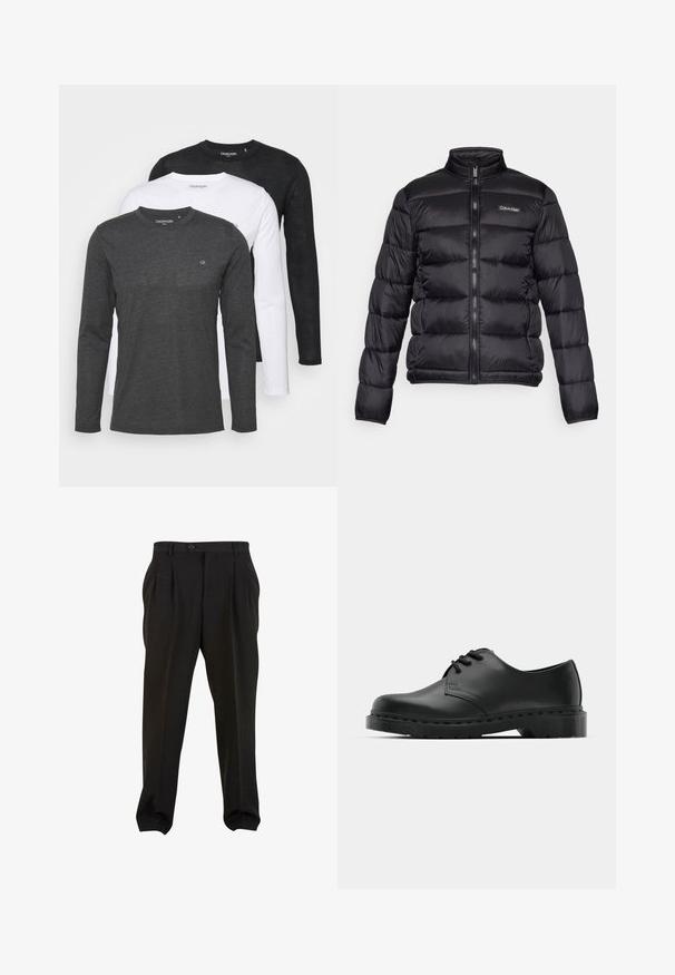 Fekete puffermellény magas gallérral, cipzáros elülső résszel és varrott rekeszekkel. A bal mellen egy kis Calvin Klein logó található.; Három hosszú ujjú póló készlet: egy szürke, egy fehér és egy fekete. Mindegyik kör alakú nyakkivágással és egy kis logóval rendelkezik a mellrészen.; Fekete nadrág sima anyagból, elöl pleátokkal, gombos derékpánttal és keskenyített bokarészekkel. Klasszikus szabásvonal.; Fekete bőr oxford cipő fűzős kialakítással, kerek orral, lapos gumitalppal és finom varrással a felső részen.