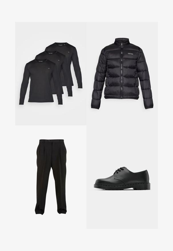 Juodas pūkinis švarkas su aukštu apykakle, užtrauktuku priekyje ir siuvinėtomis kišenėmis. Ant kairiojo krūtinės puikuojasi mažas Calvin Klein logotipas.; Tris juodos ilgomis rankovėmis marškiniai, pagaminti iš lengvos medžiagos, su apvalia iškirpte ir mažu CK logotipu ant krūtinės.; Juodos kelnės su lygiu audiniu, turinčios priekines klostes, mygtukų juosmenį ir siaurėjančius kulkšnies audinius. Klasikinis pritaikytas siluetas.; Juodos odinės oksfordo bateliai su raištelių užsegimu, apvaliu pirštu, plokščiu guminiu padu ir subtiliu siuvimo akcentu viršuje.