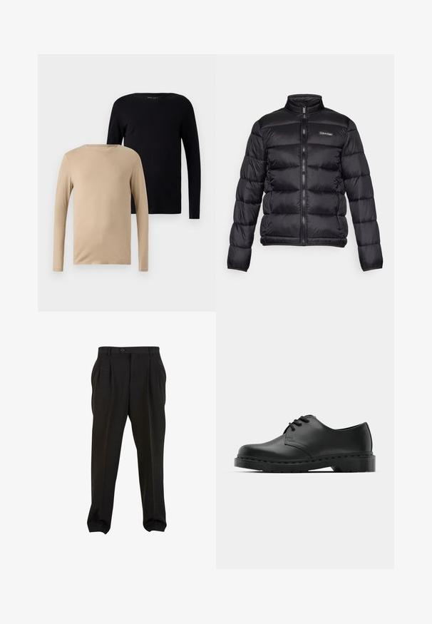 Melnā pūkņu jaka ar augstu apkakli, ar rāvējslēdzēju priekšā un šūtiem nodalījumiem. Iespējams sīkums Calvin Klein logo kreisajā krūtīs.; Divi garām piedurknēm T-krekli: viens bēšā krāsā un viens melnā. Mīksta, stiepjama auduma, ar apaļām kakla izgriezumiem un minimālisma dizainu.; Melnas bikses ar gludu audumu, ar priekšējiem krokām, pogājam jostu un sašaurinātiem ikru galiem. Klasiska pielāgota siluets.; Melnas ādas oksfordas kurpes ar auklošanas dizainu, noapaļota purngala, plakana gumijas zole un smalka šuvumu detaļa augšējā daļā.