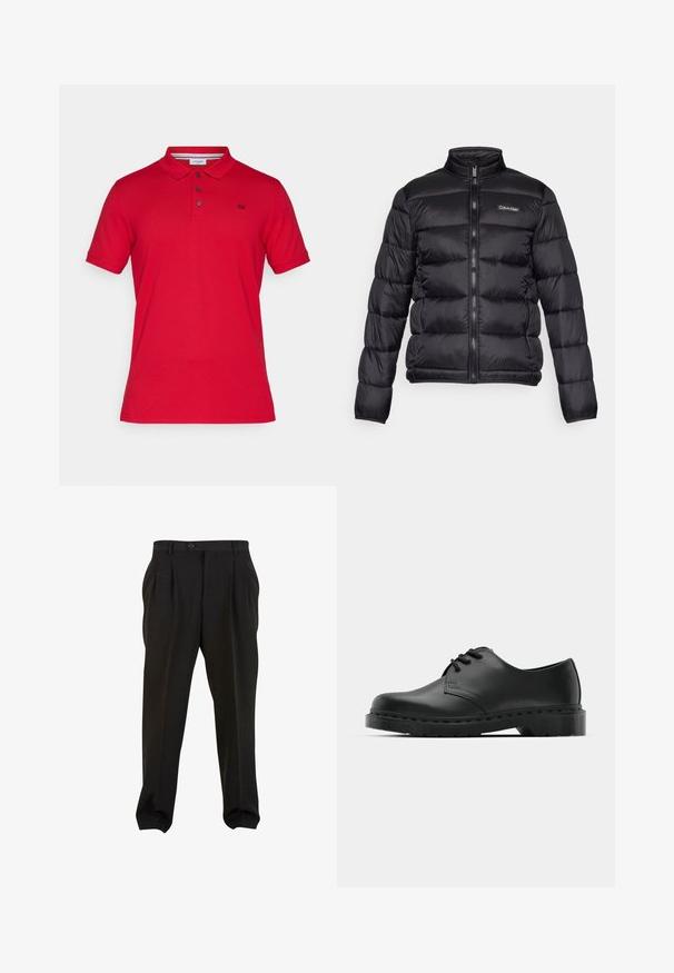 Svart puffjacka med hög krage, dragkedja fram och sydda fack. Har en liten Calvin Klein-logotyp på vänster bröst.; Röd bomullspolo med krage, treknappslås, korta ärmar och en liten broderad logotyp på vänster bröst.; Svarta byxor i en slät tygkvalitet, med framfickor, en knapp i midjan och avsmalnande ankleder. Klassisk skräddarsydd silhuett.; Svart lädersko i oxford-stil med snörningsdesign, rund tå, platt gummisula och subtila sömdetaljer längs ovandelen.