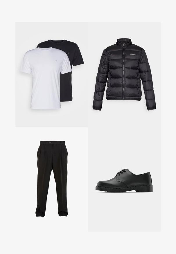Juodas pūkinis švarkas su aukštu apykakle, užtrauktuku priekyje ir siuvinėtomis kišenėmis. Ant kairiojo krūtinės puikuojasi mažas Calvin Klein logotipas.; Du pfaldi medvilniniai marškiniai trumpomis rankovėmis, balti ir juodi, su apvaliais kaklais, turintys mažą logotipą ant krūtinės, glotnus paviršius.; Juodos kelnės su lygiu audiniu, turinčios priekines klostes, mygtukų juosmenį ir siaurėjančius kulkšnies audinius. Klasikinis pritaikytas siluetas.; Juodos odinės oksfordo bateliai su raištelių užsegimu, apvaliu pirštu, plokščiu guminiu padu ir subtiliu siuvimo akcentu viršuje.