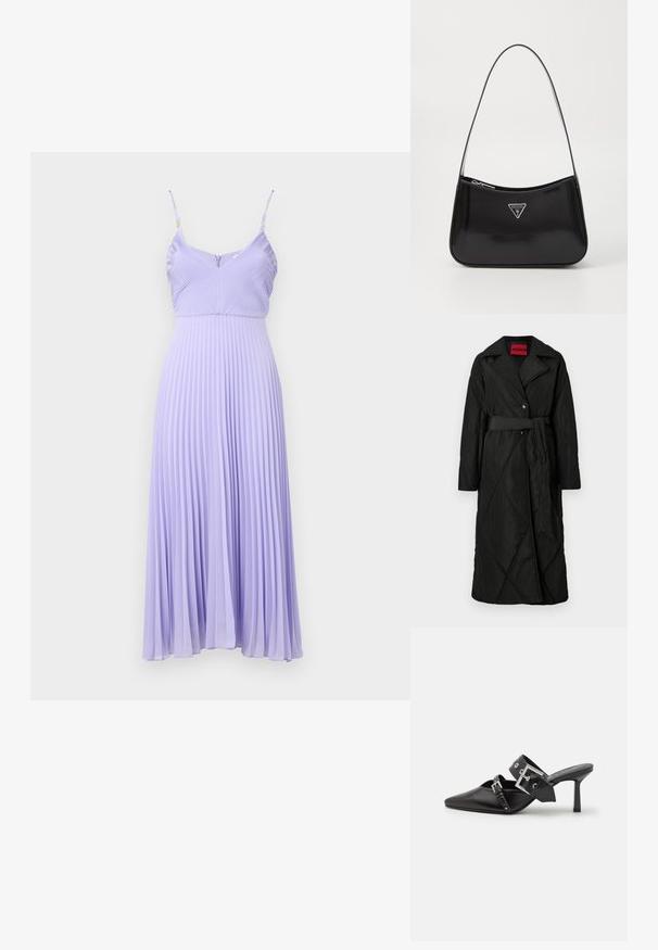 Dlhý čierny prešívaný kabát so širokým golierom, dvoma gombíkmi a zodpovedajúcim pásikom zviazaným v páse, označený HUGO vo vnútri goliera.; Fialová plisovaná šaty s tenkými popruhmi, priliehavým korzetom a rozšírenou sukňou, ktorá siaha po stred lýtok. Textúrovaná tkanina vytvára vertikálne línie.; Čierne vysoké podpätky mule so špicatou špičkou, vyrobené z hladkej kože. Obsahujú široký členkový remienok so štvrcovým strieborným sponom a cvokmi.; Čierna lesklá kožená taška na rameno s zakriveným tvarom, s farebným strieborným trojuholníkovým logom a zipsom. Hladký povrch a úzky popruh.