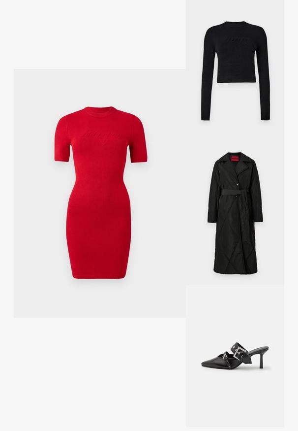 Manteau long noir matelassé avec large col, deux boutons et ceinture assortie nouée à la taille, étiqueté HUGO à l'intérieur du col.; Pull cropped noir à manches longues avec des poignets et un ourlet côtelés, comportant un logo en relief subtil sur la poitrine.; Robe en tricot rouge à manches courtes, ajustée, avec un col rond. Présente un détail textuel « bango » en relief sur le devant.; Mules noires à talons hauts avec un bout pointu, en cuir lisse. Dotées d'une large sangle à la cheville avec une boucle carrée en argent et des clous.