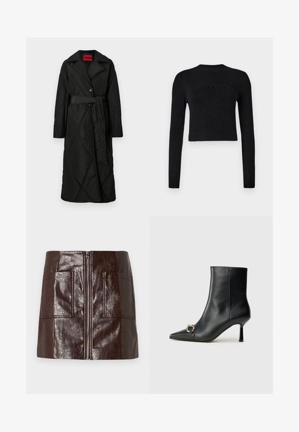Lang sort quiltet frakke med bred krave, to knapper og matchende bælte bundet om taljen, mærket HUGO inde i kraven.; Sort langærmet cropped sweater med ribbenede manchetter og kant, der har et diskret hævet logo på brystet.; Brun faux læder mini-skjørt med en frontlynlås, to store forlommer og en glat, blank overflade.; Sort læder ankelstøvle med spidse tæer, slank hæl i mellemhøjde og sølvspænde detaljer på siden mod en ensfarvet baggrund.