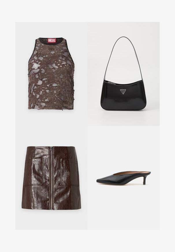 Ilgs melns iekšējo šuvju apvalks ar platu apkakli, divām pogām un atbilstošu jostu, kas sasieta ap vidu, iekšējā apkaklē ir marķējums HUGO.; Melna garām piedurknēm izgriezta džemperis ar ribotām piedurknēm un apakšmalu, ar smalku izcilu logotipu krūšu daļā.; Brūns bezmuguras tops ar izsistu, perforētu tekstūru, ar melnu apkakli un sarkanu Diesel zīmola uzlīmi pie apkakles.; Brūna mākslīgā āda mini svārki ar priekšējo rāvējslēdzēju, divām lielām priekšējām kabatām un gludu, spīdīgu tekstūru.; Melnas ādas mūlas ar norādītu pirkstu un zemu, bloku papēdi. Gluda tekstūra ar elegantu dizainu. Atvērta aizmugure ar minimālu detaļu skaitu.; Melna lakota ādas plecu soma ar izliekta formu, kurai ir sudraba trīsstūra logs un rāvējslēdzēja aizdare. Gluda tekstūra un šaurs siksna.