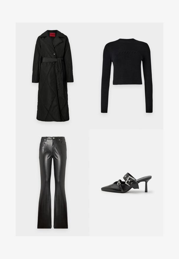 Lang sort quiltet frakke med bred krave, to knapper og matchende bælte bundet om taljen, mærket HUGO inde i kraven.; Sort langærmet cropped sweater med ribbenede manchetter og kant, der har et diskret hævet logo på brystet.; Sorte læder flare-bukser med en glat tekstur, fem lommer, frontknaplukning og en tætsiddende silhuet omkring lårene.; Sorte højhælede mules med spids tå, lavet af glat læder. Har et bredt ankelrem med en firkantet sølv spænde og nitter.