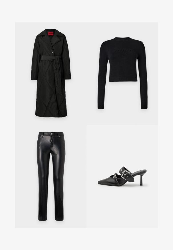 Lange zwarte gewatteerde jas met brede kraag, twee knopen en bijpassende riem die op de taille is gestrikt, met een HUGO-label in de kraag.; Zwarte langwerpige cropped sweater met ribgebreide manchetten en zoom, voorzien van een subtiel verhoogd logo op de borst.; Zwarte leren broek met rechte pijpen, voorzien van een knoop en ritssluiting aan de voorkant, riemlussen en zijzakken, gepresenteerd op een witte achtergrond.; Zwarte hoge hakken mules met een puntige neus, gemaakt van soepel leer. Heeft een brede enkelriem met een vierkante zilveren gesp en studs.