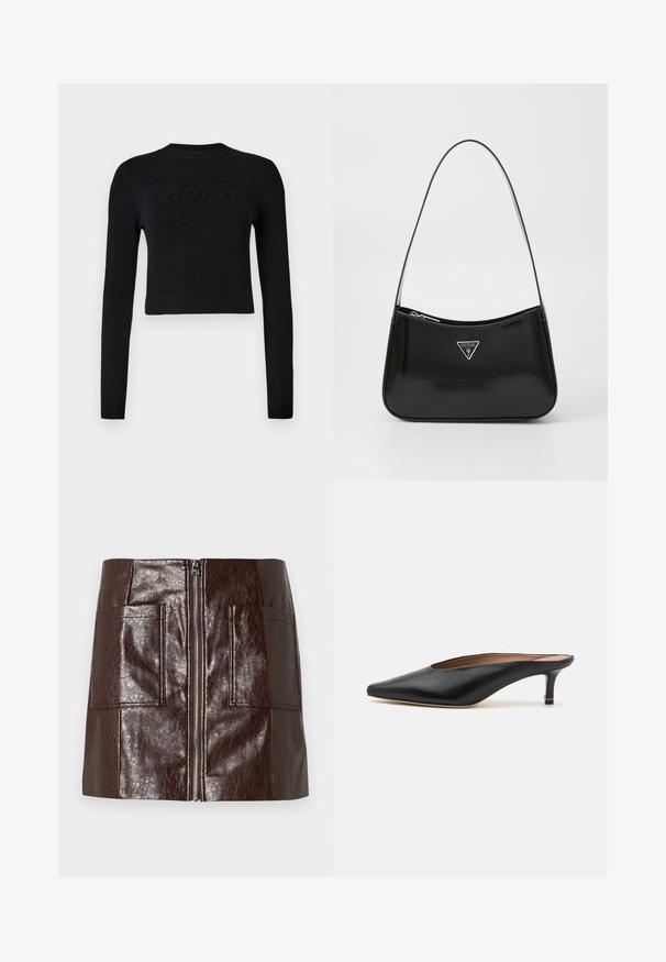 Langer schwarzer gesteppter Mantel mit weiter Kragen, zwei Knöpfen und passendem Gürtel, der in der Taille gebunden ist, mit dem Etikett HUGO im Kragen.; Schwarzer, langärmeliger, cropped Pullover mit gerippten Bündchen und Saum, der ein dezentes, erhabenes Logo auf der Brust zeigt.; Brauner Kunstleder-Minirock mit einem Reißverschluss vorne, zwei großen Fronttaschen und einer glatten, glänzenden Textur.; Schwarze Leder-Mules mit spitzem Zehenbereich und niedrigem Blockabsatz. Glatte Textur mit elegantem Design. Offene Rückseite mit minimaler Gestaltung.; Schwarze patentierte Leder-Schultertasche mit geschwungener Form, ausgestattet mit einem silbernen Dreieckslogo und einem Reißverschluss. Glatte Textur und schmaler Riemen.
