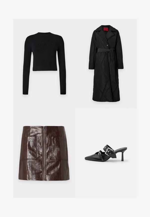 Langer schwarzer gesteppter Mantel mit weiter Kragen, zwei Knöpfen und passendem Gürtel, der in der Taille gebunden ist, mit dem Etikett HUGO im Kragen.; Schwarzer, langärmeliger, cropped Pullover mit gerippten Bündchen und Saum, der ein dezentes, erhabenes Logo auf der Brust zeigt.; Brauner Kunstleder-Minirock mit einem Reißverschluss vorne, zwei großen Fronttaschen und einer glatten, glänzenden Textur.; Schwarze High-Heel-Mules mit spitzem Zeh aus glattem Leder. Mit einem breiten Knöchelriemen, der eine quadratische silberne Schnalle und Nieten aufweist.