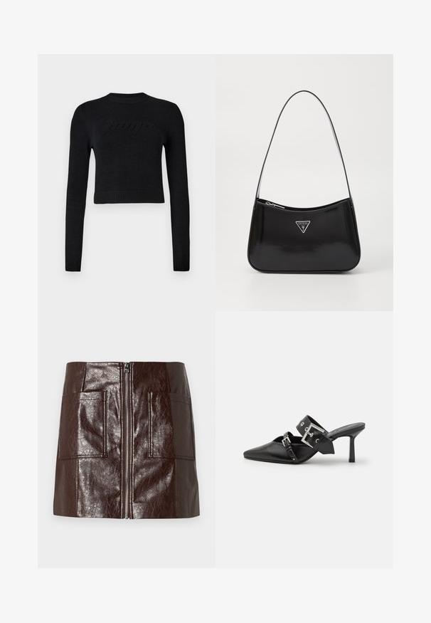 Hosszú fekete steppelt kabát széles gallérral, két gombbal és derékon megkötött, hozzáillő övvel, a gallér belső részén HUGO felirattal.; Fekete, hosszú ujjú, rövidített pulóver bordázott mandzsettával és szegéllyel, finoman kiemelkedő logóval a mellkas felett.; Barna műbőr mini szoknya, elülső cipzárral, két nagy elülső zsebbel és sima, fényes felülettel.; Fekete magassarkú mules, hegyes orral, sima bőrből készült. Széles bokapántja van, négyzet alakú ezüst csattal és szegecsekkel.; Fekete lakkbőr válltáska ívelt formával, ezüst háromszög logóval és cipzáros záródással. Simaság jellemzi és vékony pántja van.