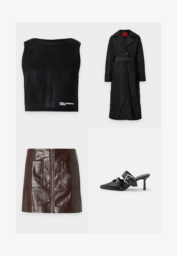 Dlhý čierny prešívaný kabát so širokým golierom, dvoma gombíkmi a zodpovedajúcim pásikom zviazaným v páse, označený HUGO vo vnútri goliera.; Čierny bezrukávový krátky top s lodičkovým výstrihom a bielym logom "KARL LAGERFELD JEANS" v dolnej pravej časti.; Hnedá umelá kožená mini sukňa s predným zipsom, dvoma veľkými prednými vreckami a hladkou, lesklou textúrou.; Čierne vysoké podpätky mule so špicatou špičkou, vyrobené z hladkej kože. Obsahujú široký členkový remienok so štvrcovým strieborným sponom a cvokmi.