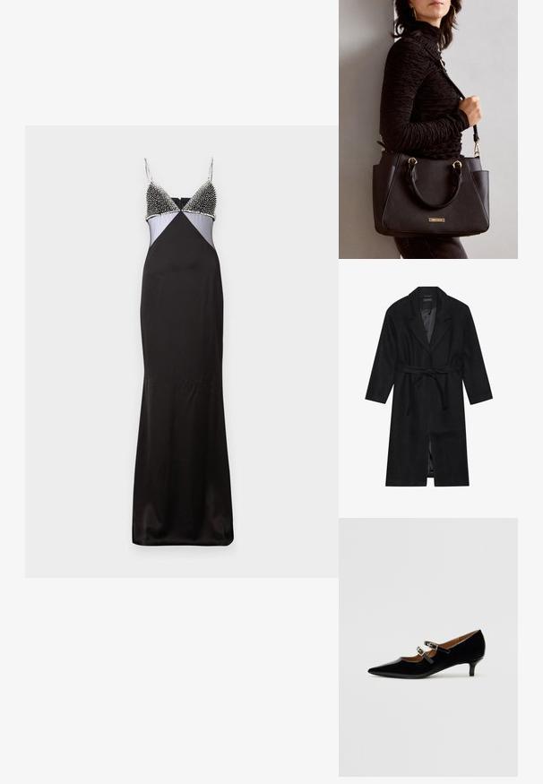 Juodas vilnonis paltas su iškirpte, ilgomis rankovėmis ir rišamu liemeniu. Turi tiesią siluetą ir sklandų pamušalą.; Juoda atlasinė suknelė su prigludusia siluetu, turinti karoliukais dekoruotą liemenį, reguliuojamas petnešas ir kontrastingą šviesiai mėlyną elementą.; Juodos lakinės Mary Jane bateliai su smailiu nosiu, dviem reguliuojamomis sagtimis ir žemu kulnu. Lygi tekstūra su blizgiu paviršiumi.; Juodas rankinės maišelis su struktūrizuota paviršiumi, dvigubais viršutiniais rankenėlėmis ir reguliuojamu peties diržu. Įrengtas aukso spalvos furnitūra ir šoninės kišenės.