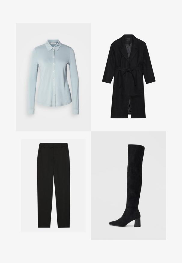 Czarny wełniany płaszcz z klapami, długimi rękawami i paskiem wiązanym w talii. Posiada proste dopasowanie i gładką podszewkę.; Jasnoniebieska koszula z długim rękawem, z kołnierzykiem, zamykana na guziki z przodu, wykonana z gładkiej, fakturowanej tkaniny. Posiada dopasowany krój i mankiety.; Czarne spodnie o dopasowanym kroju, z bocznymi kieszeniami i prostą nogawką. Wykonane z gładkiego, lekkiego materiału o eleganckim wykończeniu.; Czarne zamszowe botki do kolan na kwadratowym obcasie, z wydłużonym noskiem i gładkim, bezszwowym wzorem na jednolitym jasnym tle.