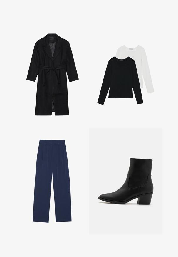 Črn volnen plašč z zareznim ovratnikom, dolgimi rokavi in zavezanimi pasom. Ima ravno prileganje in gladko notranjo podlogo.; Dva dolga rokava, en črn in en bel, oba z kvadratnim izrezom in narejena iz mehkega, raztegljivega materiala.; Mornarsko modri široki hlače iz mehkega materiala, ki imajo sprednje drapiranje, gladko teksturo in ravno silhueto brez vidnih žepov.; Črne usnjene gležnjarje s koničastim nosom, stranskimi elastičnimi paneli in plitvim peto, ki se ponašajo z gladko teksturo in minimalističnim dizajnom.