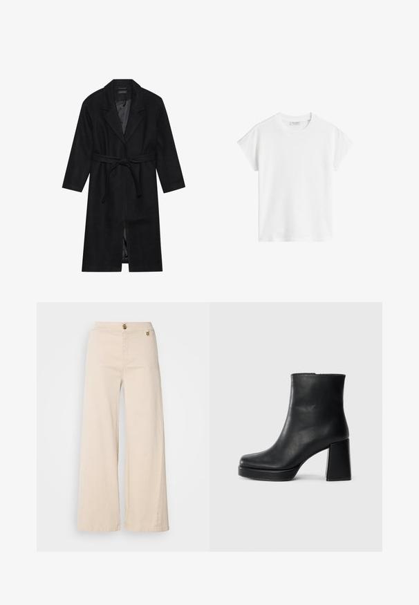 Svart ullfrakk med klaffkrage, lange ermer og belte i livet. Har rett passform og en glatt innerfôr.; Hvit kortermet t-skjorte laget av bomull. Har en avslappet passform med rund halslinning og lett senkede skuldersømmer. Ingen mønstre eller detaljer.; Beige vide bukser laget av bomull. Har en frontknappelukking og sidelommer. Jevn tekstur med et rent, minimalistisk design.; Sorte skinnankelsko med blokkhæl og plattformsåle, sett fra siden på en enkel hvit bakgrunn.