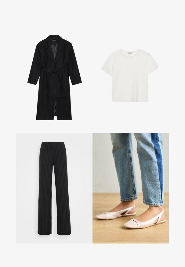 Manteau en laine noir avec un col à revers, des manches longues et une ceinture à nouer à la taille. Présente une coupe droite et une doublure intérieure lisse.; T-shirt blanc à manches courtes en coton doux. Présente un col rond et une coupe décontractée. Design épuré sans motifs ni accents visibles.; Vero Moda Tall VMBERLIN MY WIDE - Pantalon classique - obsidian/oatmeal; Ballerines slingback rose pâle avec un bout pointu, fabriquées en un matériau semblable au cuir lisse. Présentent des découpes sur les côtés et un talon plat.