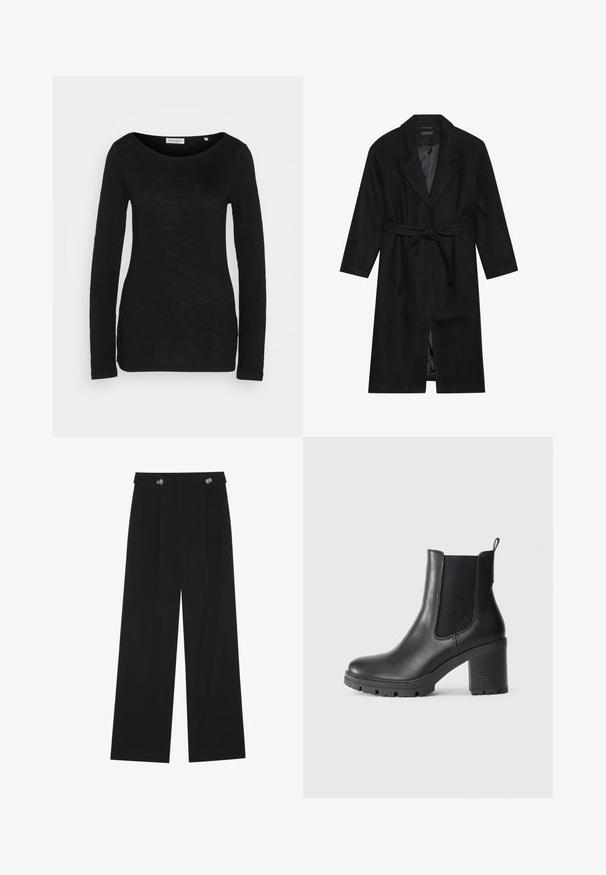 Black wool coat with a notched collar, long sleeves, and a tied waist belt. Features a straight fit and a smooth inner lining.; Black long-sleeve top with a wide scoop neckline, made from a textured fabric. Features fitted sleeves and a slim silhouette.; Black wide-leg trousers with high waist, button details on waistband, and front pleats.; Black leather ankle boot with elastic side panels, chunky rubber sole, and a high block heel. Features a pull tab on the back.