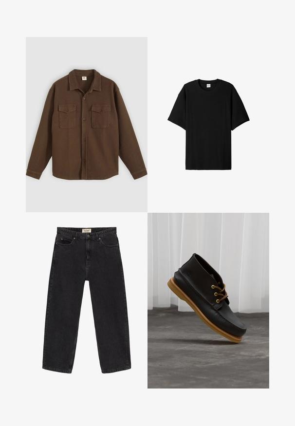 Brun skjorte med knapper lavet af tekstureret stof, med krave, to brystlommer og en lige kant. Tydeligt sildebensmønster.; Sort ribbet kortærmet t-shirt med rund hals, der har en afslappet pasform og struktureret overflade. Enkel design; ingen grafik eller detaljer.; Sorte denim jeans med afslappet pasform. Har fem lommer, en frontknaplukning og syninger. Let falmet tekstur.; Sorte lædersko med en glat overflade, rund tå, brune snørebånd og lysebrune gummisåler. Logo præget på siden.