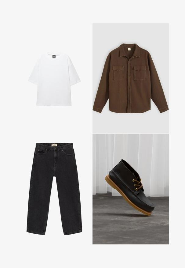 Brun skjorta med knappar av texturerat tyg, utrustad med krage, två bröstfickor och rak nederkant. Tydligt fiskbensmönster.; Vit oversized t-shirt med korta ärmar, rund halsringning och mjukt bomullstyg. Har en svart etikett vid nacken. Inga mönster eller detaljer.; Svarta jeans i denim med avslappnad passform. Har fem fickor, ett framknäppning och sömnadsdetaljer. Lätt urtvättad textur.; Svarta läderskor med en jämn yta, rund tå, bruna snören och ljusbruna gummisulor. Logotyp präglad på sidan.