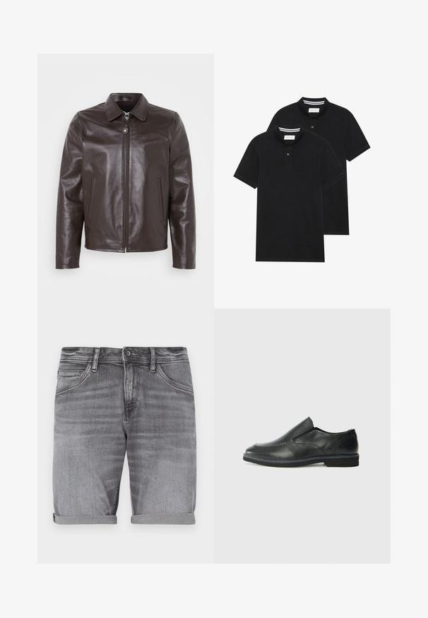 Brown leather jacket with a collared neckline, front zipper, and side pockets. Smooth texture with subtle branding on the chest.; Two black polo shirts, short-sleeved, cotton material, featuring a classic collar, two-button placket, and white striped accents inside the collar.; Gray denim shorts with a slightly faded finish, rolled cuffs, five-pocket design, and a metal button closure at the waist.; Black leather slip-on shoe with a smooth upper, stitched accents, rounded toe, and a low rubber heel. Sole features minimal tread.