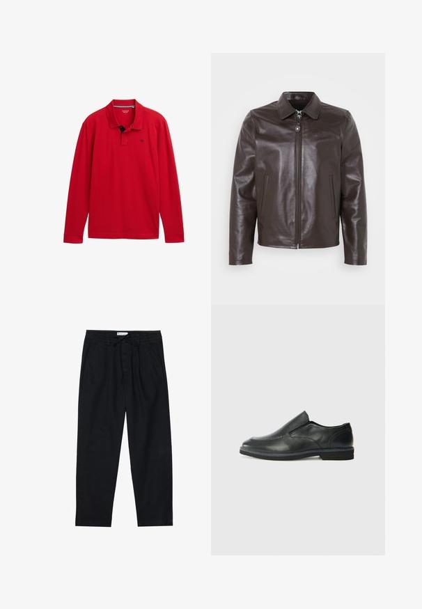 Brown leather jacket with a collared neckline, front zipper, and side pockets. Smooth texture with subtle branding on the chest.; Red long-sleeve polo shirt with a collar, featuring a navy accent and a small logo on the chest. Made from soft cotton material.; Pier One Chinos - black; Black leather slip-on shoe with a smooth upper, stitched accents, rounded toe, and a low rubber heel. Sole features minimal tread.