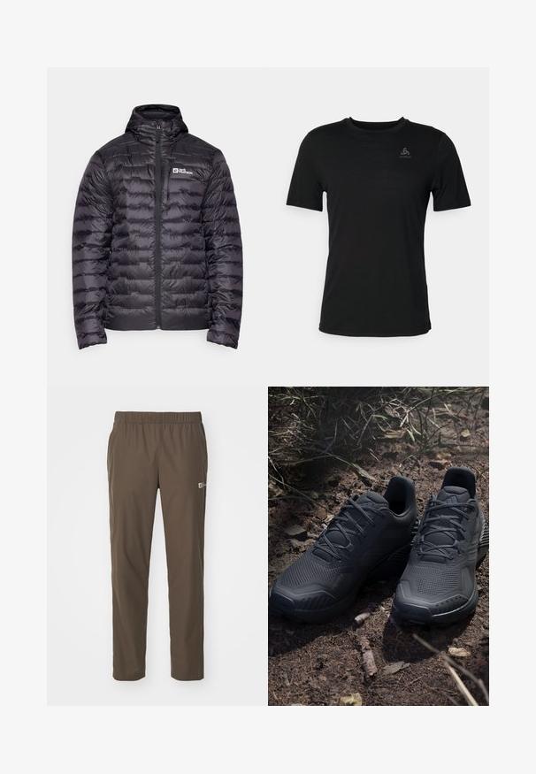 Schwarze Daunenjacke mit hohem Kragen, ausgestattet mit einem durchgehenden Reißverschluss und gestepptem Design. Gesticktes Logo auf der linken Brust. Glatte Textur.; Schwarzes T-Shirt aus leichtem Material, mit rundem Halsausschnitt, kurzen Ärmeln und einem kleinen Markenlogo auf der oberen linken Seite.; Braune, leichte, elastische Hosen mit geradem Bein. Enthält ein kleines Logo-Patch am linken Bein. Glattes, langlebiges Material.; Schwarze Sportschuhe mit einem strukturierten Strickobermaterial, verstärkter Zehenkappe und gepolsterten Sohlen, die auf erdigem Boden mit verstreuten Zweigen präsentiert werden.